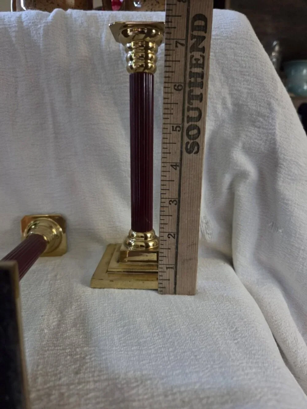 Vintage Brass Burgundy Column Candlestick Holders Pair Neoclassical Regency 7.5